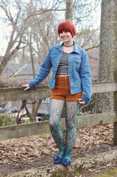 Jean Jacket, Striped Top, Corduroy Shorts, Green Lace Tights, Moccasins, & a 90s Choker Necklace