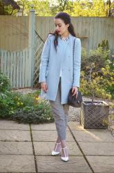 Sky Blue Coat / Embellished Collar Blouse / White Pointed Heels