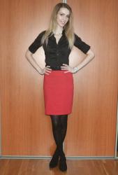 Outfit: Black shirt and red skirt