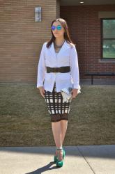 GRID PRINT SKIRT AND TURQUOISE HEELS