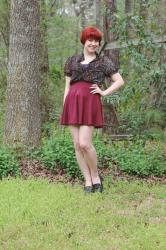 Black Floral Top, Maroon Skater Skirt, & Studded Loafers