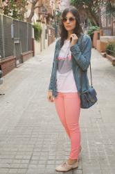 Denim shirt and pink trousers