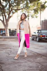Camel Coat with White Leather Pants