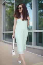 Cool Mint: Pleated Dress and White Leather Jacket