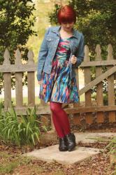 Abstract Digital Print Dress, Jean Jacket, Pink Tights, & Ankle Boots