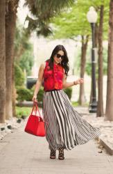 Striped Chiffon Maxi + Caged Sandals