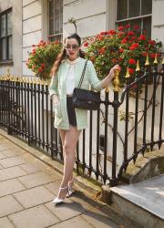 Pistachio Green Jacket / Leather Skort / Miu Miu Sunglasses : A Visit to a Cherry Blossom Pop-Up Bar