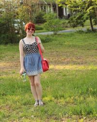 Polka Dot Bustier Top, Chambray Skirt, Orange Sunglasses, Red Purse, & Silver Sandals