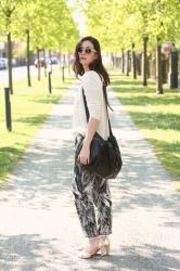 Palm Print Trousers, Light Knit Sweater