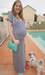 Rebecca Minkoff Bags. Stripe Tee, Maxi Skirt | Belted Blazer, MEV Maternity Dress