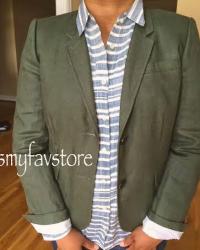 J. Crew Schoolboy Blazer in Linen (Dark Evergreen), Boy Shirt in Stripe Gauze, and Boy Shirt in Tropical Floral