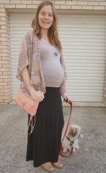 Third Trimester Casual Weekend Maxi Skirt Outfits and Rebecca Minkoff Berry Stripe Mini MAC Bag