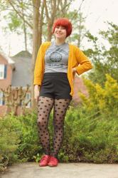 Psychotic State T-shirt, Mustard Cardigan, Black Shorts, Polka Dot Tights, & Red Shoes