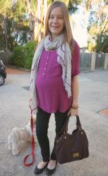 Marc By Marc Jacobs Fran Bag and Scarves. Jeanswest Maternity Shirt and Skinny Jeans | Stripe Top and Grey Maxi Skirt