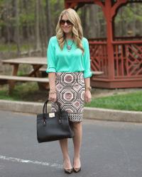 Green & Geometric Print Skirt