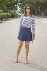 Navy stripes and denim skirt