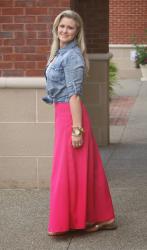 Hot pink maxi + denim 