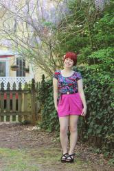 Floral Crop Top, Pink Shorts, & Black Wedges