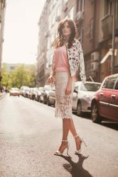 WHITE FLORAL BOMBER AND LACE MIDI SKIRT