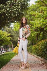 WHITE BOMBER WITH FLOWERS & YELLOW BAG