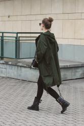 Oversized parka and leather boots