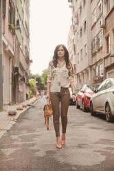 CREAM BLOUSE AND KHAKI PANTS