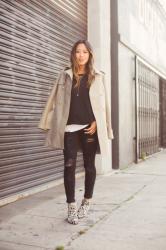 Trench Coat and Black Distressed Skinny Jeans