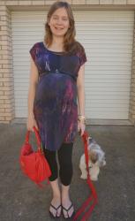 37 Weeks: Belted Jersey Dress and Leggings | Scarf, Stripes and Maxi Skirt
