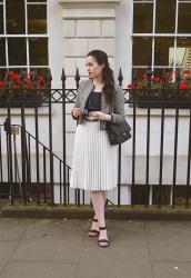 Tile Print Jacket / Fine Pleat Midi Skirt / Kurt Geiger Sandals - Coast's A/W Press Day