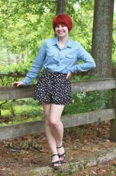Denim Shirt, Daisy Print Floral Shorts, & Black Wedge Sandals