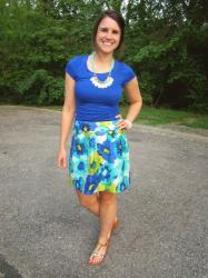 blue tee + floral skirt