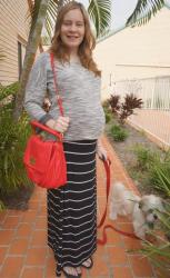 37 Weeks Pregnant: Easy Autumn Maxi Skirt Outfits. Grey, Stripes, Marc Jacobs Red Ukita Bag