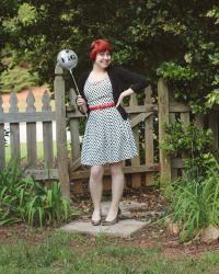 Grad Party Outfit: Polka Dot Dress, Red Belt, & Rose Gold Heels