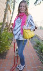 Rebecca Minkoff Yellow Swing Bag. Stripes and Maternity Skinny Jeans, Blue Maxi Dress and Denim Jacket