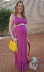 Rebecca Minkoff Yellow Swing Bag with Purple Maxi Dress, Orange Stripe Tank and Grey Skirt