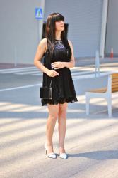 Black dress and baby blue heels