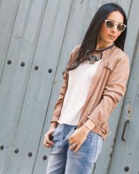 Nude Bomber Jacket and Meltin' Pot Boyfriend Jeans