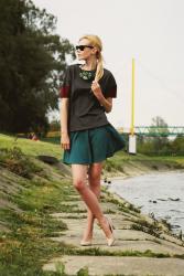 flared skirt & grey blouse + ethnic necklace.