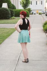 Seafoam Sequined Skater Skirt with a High Neck Top & Silver Sandals