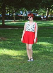Cat Print Tank Top, Red Scuba Skater Skirt, and Houndstooth Flats