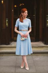 What to Wear to Dinner | Blue 1950s Style Embroidered Eyelets Dress