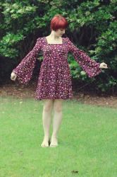 Outfit: Retro Late 60s Style Floral Print Dress with a Square Neckline & White Heels