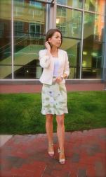 Off White Blazer & Peplum Skirt with Floral Prints