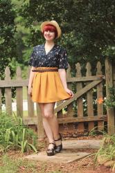 Outfit + Video: Boat Print Shirt, Yellow Pleated Skirt, & a Straw Hat