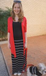 Red Cardi, Black and White Striped Maxi Skirt | Asos Fluro Boucle Blazer, Skinny Jeans and Boots
