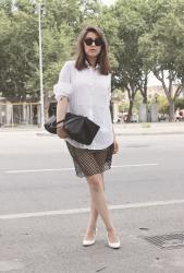 white shirt & mesh skirt