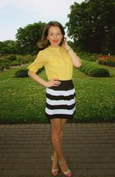 Mixing Patterns - Ann Taylor Shirt with Polka Dots & Striped Skirt