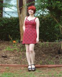 Outfit: Red Matching Separates with Gold Leaf Earrings and Clog Sandals