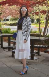 SHEER PANEL SKIRT, STRIPES, AND WEAVED HANDBAG