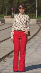 Dots and red flare pants